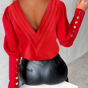 Backless Buttoned V-Neck Top, Blouses & Shirts, chicme - Women's Fashion Online