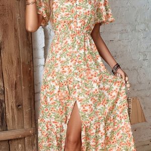 Women Floral V Neck Short Sleeve Comfy Casual Midi Dress, Vacation Dresses, color:White|size:XL, Noracora