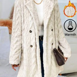 Women's Plain Jacquard Fleece Loose Teddy Jacket, Coats, color:Off White|size:XXL, Noracora