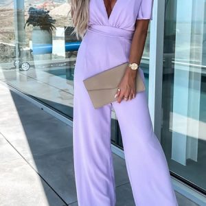 Women Long Sleeve V Neck Loose Long Daily Casual Plain Natural Jumpsuit, Jumpsuits&Rompers, color:Purple|size:XL, Noracora