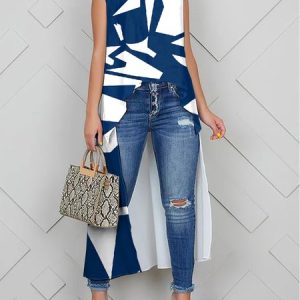 Crew Neck Casual Geometric Shirt, Blouses and Shirts, color:white-blue|size:XXL, Stylewe