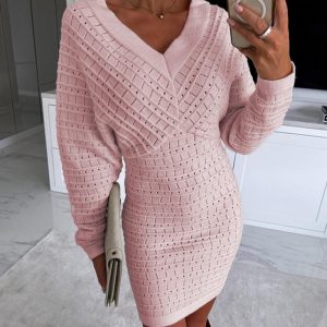 V-Neck Hollow Out Long Sleeve Knit Dress, Long Sleeves Dresses, chicme - Women's Fashion Online