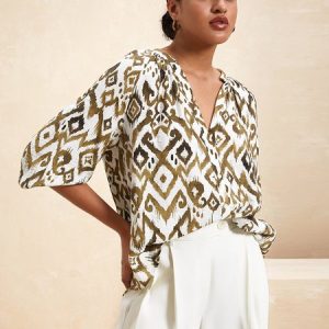 Crew Neck Long Sleeve Ethnic Regular Loose Shirt For Women, Blouses, color:Yellow|size:XXL, Noracora