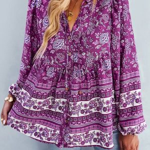V Neck Long Sleeve Floral Regular Loose Shirt For Women, Blouses, color:Purple|size:XL, Noracora