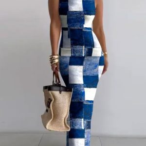 Plus Size Regular Fit Boat Neck Urban Geometric Dress, Plus Dresses, color:Blue|size:4X, Stylewe