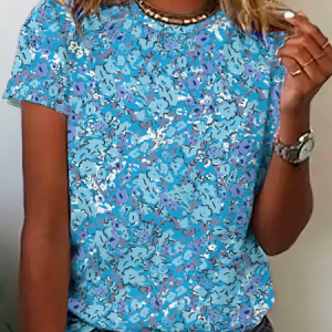 Floral Casual Crew Neck Short Sleeve T-Shirt, T-shirts, color:Blue|size:XXL, Noracora