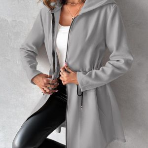 Pocket Zipper Design Drawstring Hooded Coat, Jackets & Coats, chicme - Women's Fashion Online