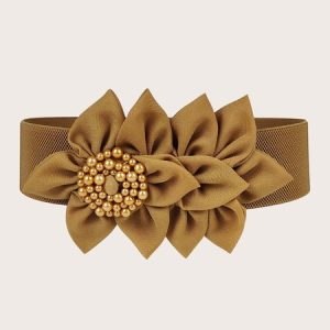 Elegant Imitation Pearl Beading Floral Elastic Wide Waistband, Belts, color:Brown|size:One-size, Stylewe