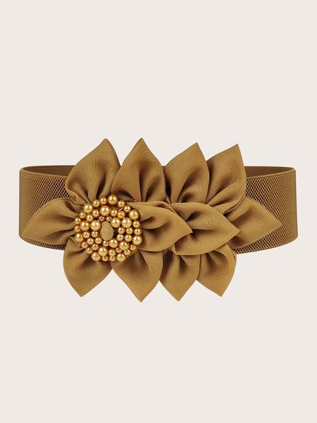 Elegant Imitation Pearl Beading Floral Elastic Wide Waistband, Belts, color:Brown|size:One-size, Stylewe