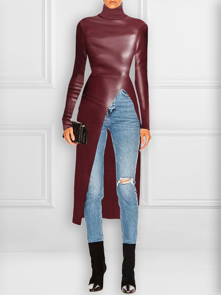 Plus Size Regular Fit Urban Plain Turtleneck Leather Top, Leather Tops, color:Crimson|size:4X, Stylewe
