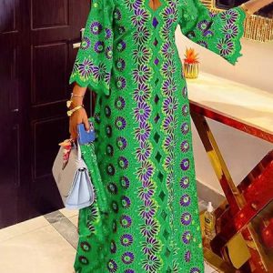 Regular Fit Floral Urban V Neck Dress, Maxi Dresses, color:Green|size:XXL, Stylewe