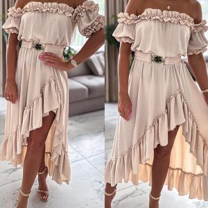 Ruffle Frill Hem Asymmetrical Maxi Dress, Maxi Dresses, chicme - Women's Fashion Online