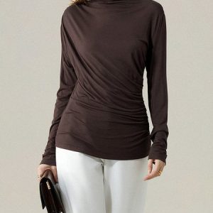 Plain Urban Tight Long Sleeve T-Shirt, Tops, color:Deep Brown|size:XXL, Stylewe