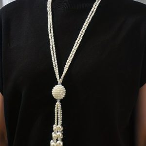 Elegant Imitation Pearl Tassel Sweater Chain Beaded Layered Necklaces, Necklaces, color:As Picture|size:One-size, Stylewe
