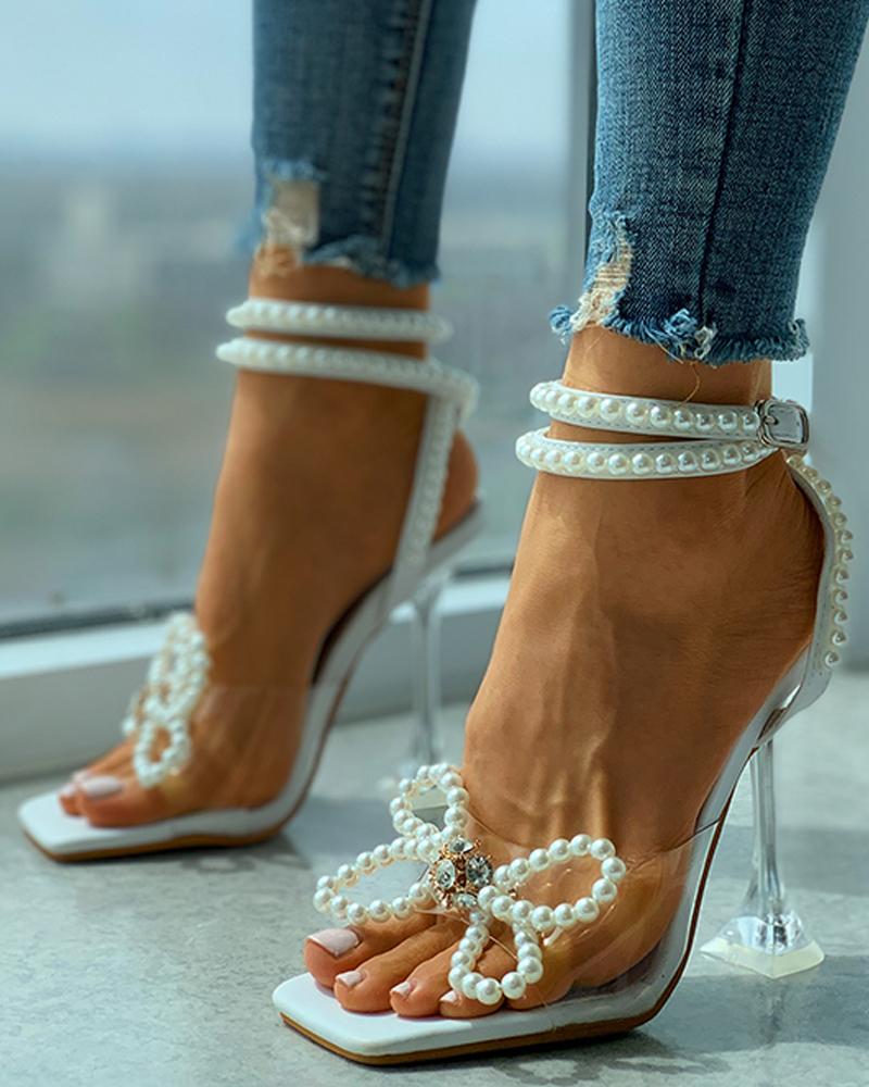 Beaded Bowknot Decor Square Toe Pyramid Heels, Heeled-Sandals, chicme - Women's Fashion Online