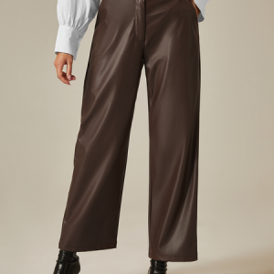 Urban Plain Regular Fit  Pockets Pu Leather Pants, Pants, color:Brown|size:XXL, Stylewe