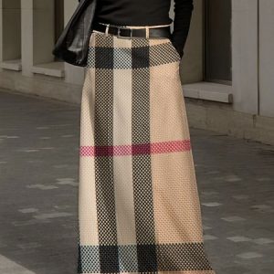 Regular Fit Plaid Urban Skirt, Skirts, color:Khaki|size:XXL, Stylewe