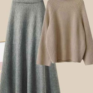 Women Plain Turtleneck Long Sleeve Comfy Casual Top With Skirt Two-Piece Set, Sets, color:Color12|size:4XL, Noracora