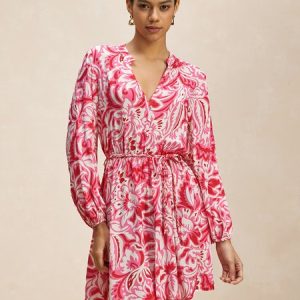Women Floral V Neck Long Sleeve Comfy Casual Short Dress, Dresses, color:Rose Red|size:XXL, Noracora