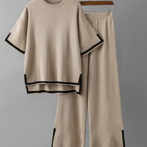 Women Color Block Crew Neck Short Sleeve Comfy Casual Top With Pants Two-Piece Set, Sets, color:Deep Khaki|size:M, Noracora