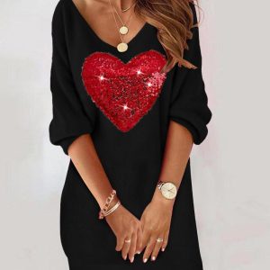 Colorblock Heart Pattern Contrast Sequin Casual Dress, Casual Dresses, chicme - Women's Fashion Online