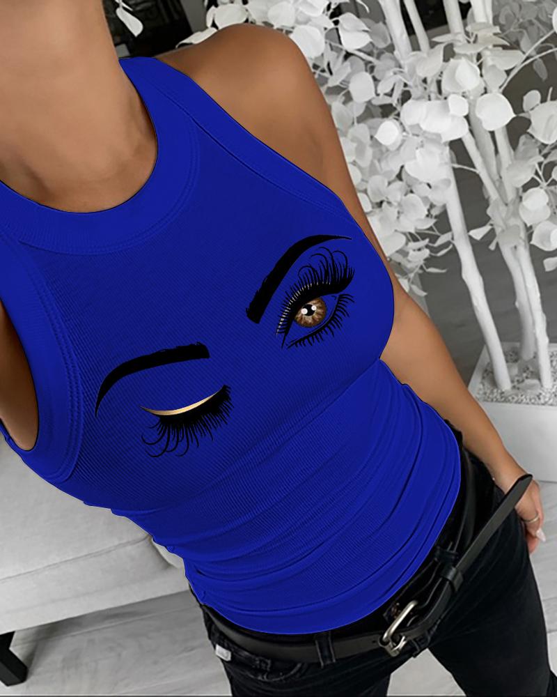 Eyelash Print O-neck Sleeveless Tank Slim Fit Ribbed Tank Top, women Tanks & Crop Tops, ChicMe catalog - Image 4