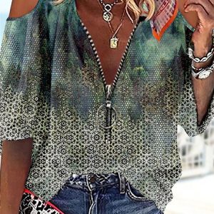 V Neck Loose Casual Zipper Shirt, Blouses, color:Multicolor|size:XXL, Noracora