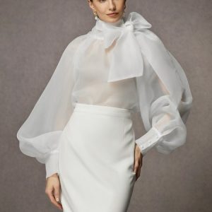 Elegant Plain Bow  Long Sleeve Blouse, Blouses and Shirts, color:White|size:XXL, Stylewe