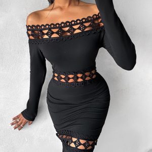 Off Shoulder Lace Patch Long Sleeve Midi Dress, Midi Dresses, chicme - Women's Fashion Online