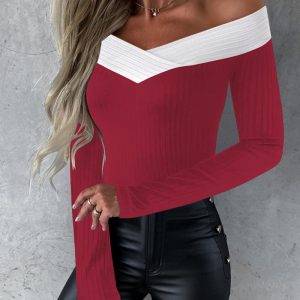Colorblock Off Shoulder Long Sleeve Overlap Top, T-shirt & Tees, chicme - Women's Fashion Online