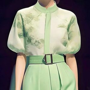 Elegant Regular Fit Shirt Collar Abstract Blouse, Blouses and Shirts, color:Green|size:XXL, Stylewe