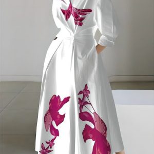 Urban Regular Fit  Floral  Pockets Shirt Collar Dress, Maxi Dresses, color:White|size:XXL, Stylewe