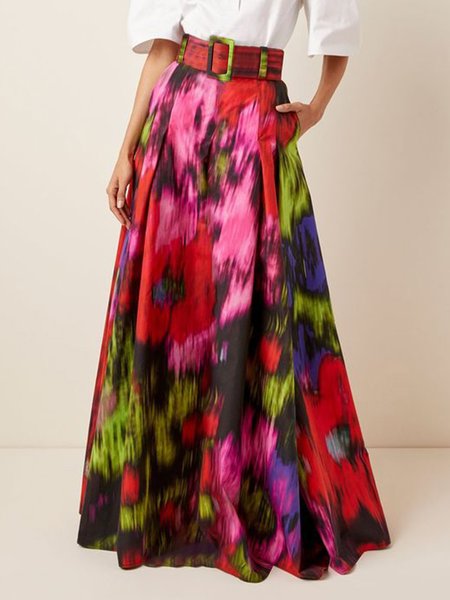 Loose Elegant Floral Pattern Skirt With Belt, Skirts, color:As Picture|size:XXL, Stylewe