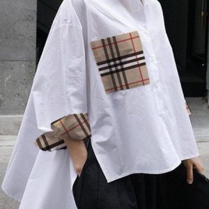 Plus Size Casual  Daily Shirt Collar Loose Split Joint Plaid Blouse, Plus Tops, color:White|size:4X, Stylewe