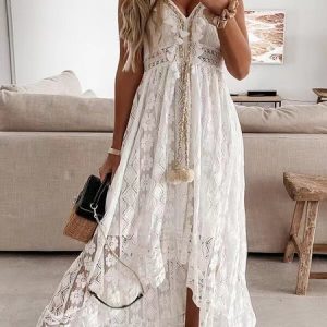 Women Plain Spaghetti Gallus Comfy Casual Tassel Maxi Dress, Dresses, color:White|size:XXL, Noracora
