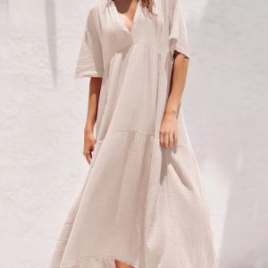Women Plain V Neck Short Sleeve Comfy Casual Maxi Dress, Dresses, color:Apricot|size:XL, Noracora