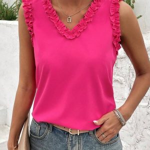 Casual V Neck Plain Tank Top, Tanks & Camis, color:Rose Red|size:XXL, Noracora