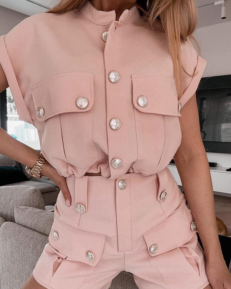 Pocket Design Buttoned Top & Shorts Set, Two-piece Sets, chicme - Women's Fashion Online