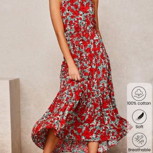 Women Floral Halter Sleeveless Comfy Boho Maxi Dress, Dresses, color:Red|size:XXL, Noracora
