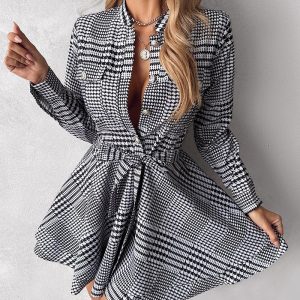 Houndstooth Print Pocket Design Casual Dress, Casual Dresses, chicme - Women's Fashion Online