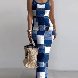 Denim Look Print U-Neck Maxi Skims Dress, Maxi Dresses, chicme - Women's Fashion Online