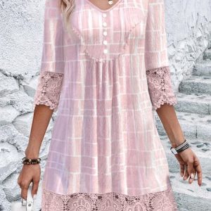 Women Geometric V Neck Three Quarter Sleeve Comfy Casual Lace Short Dress, Short, color:Pink|size:XXL, catalog Noracora shop