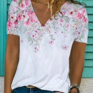 Cotton-Blend Casual V Neck Short Sleeve T-shirt, T-shirts, color:White|size:XXL, Noracora