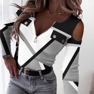 Geometric Print Zip Front Cold Shoulder Ribbed Top, women T-shirt & Tees, ChicMe catalog