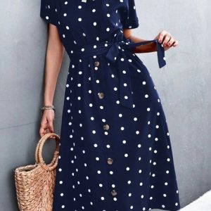 Women Polka Dots Crew Neck Short Sleeve Comfy Casual Buckle Midi Dress, Dresses, color:Purplish blue|size:XXL, Noracora