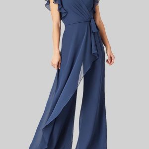 Women Cap Sleeve V Neck Loose Long Party Casual Plain Jumpsuits, Jumpsuits&Rompers, color:Purplish blue|size:XXL, Noracora