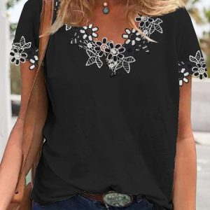 JFN V Neck Color Block Flower Casual Lace Plain Top T-shirt/Tee, T-Shirts, color:Black|size:XXL, JustFashionNow