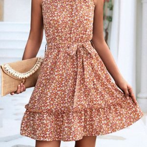 Women Small Floral Halter Sleeveless Comfy Casual Short Dress, Vacation Dresses, color:Red|size:XL, Noracora