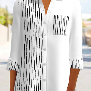Shirt Collar Long Sleeve Striped Regular Loose Blouse For Women, Blouses, color:White|size:XXL, Noracora