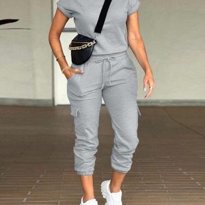 Round Neck Top & Drawstring Cuffed Pants Set, Two-piece Sets, chicme - Women's Fashion Online